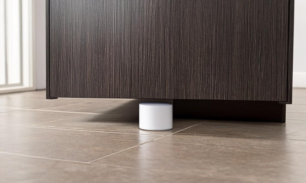 Auto image: compact smart water sensor under a bathroom vanity near a small leak, modern rental apartment, r