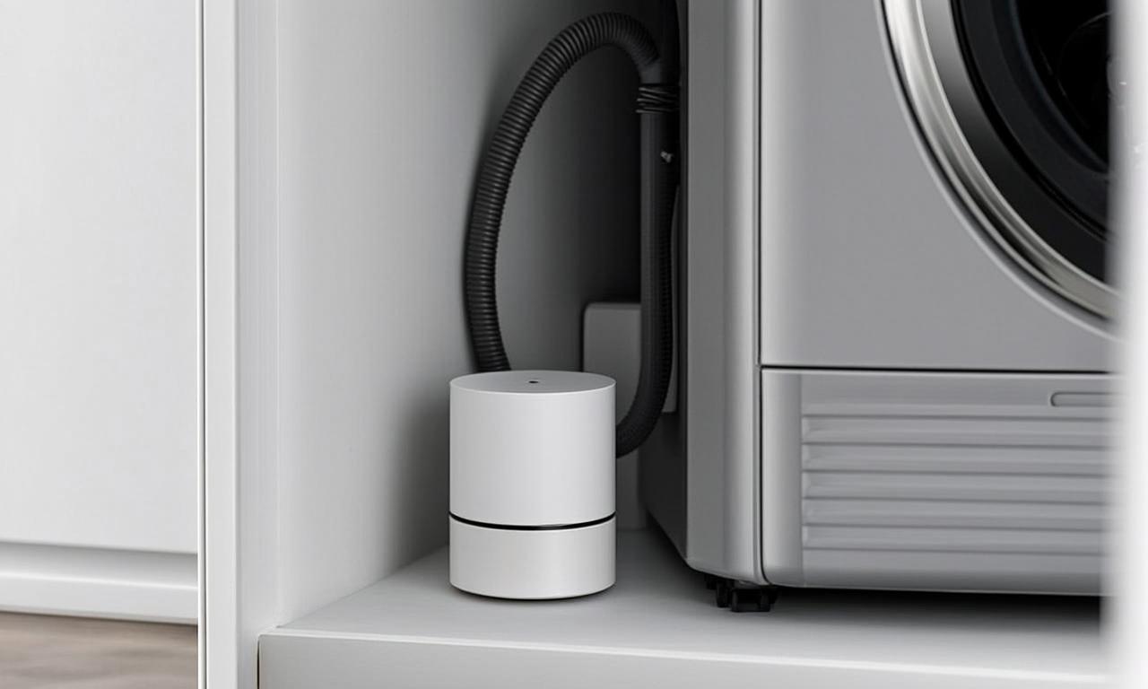 Auto image: renter placing a small smart water leak detector beside a washing machine hose in a clean apartm